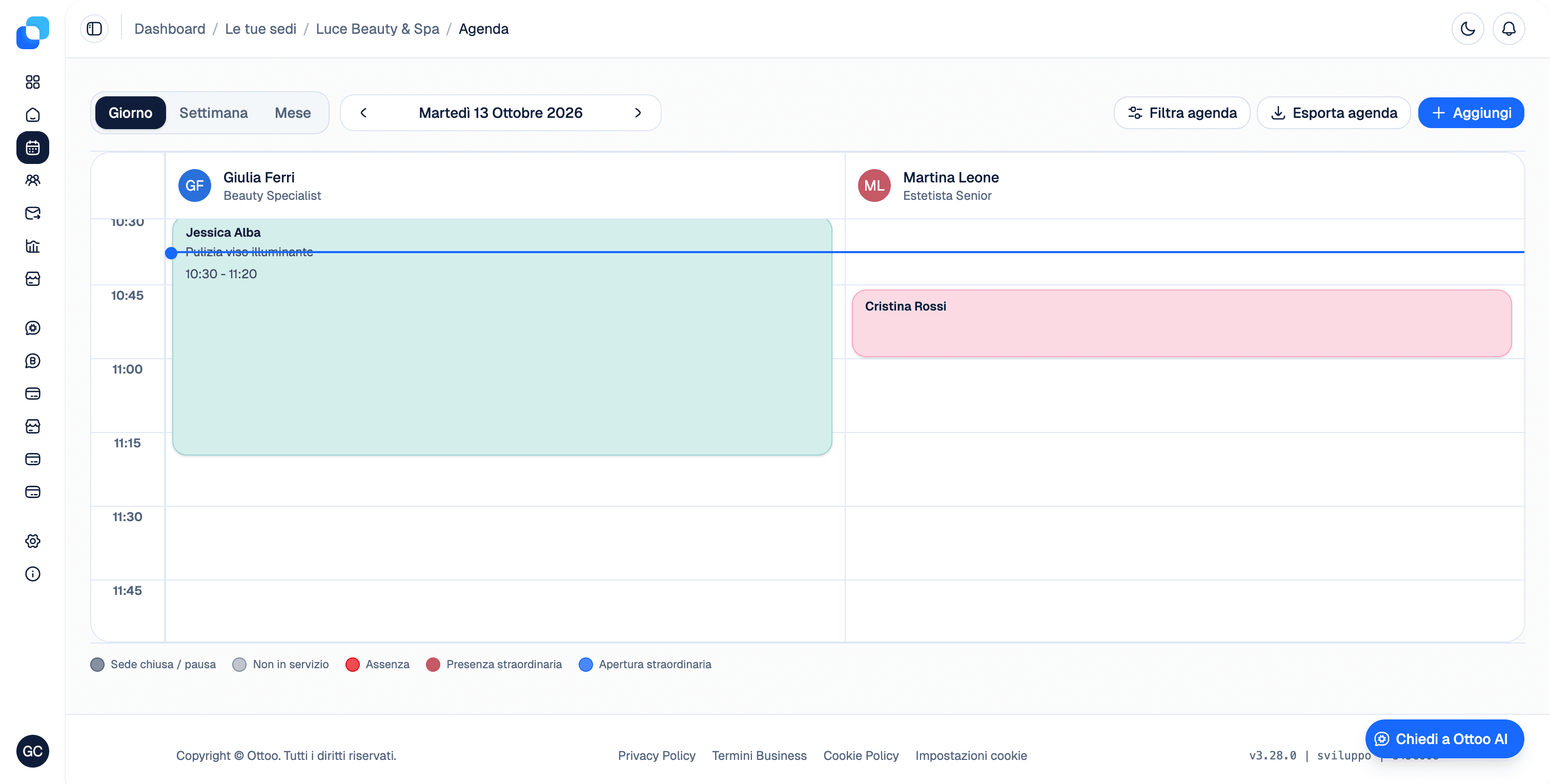 Dashboard Ottoo — vista Agenda con le colonne dello staff e gli appuntamenti del giorno