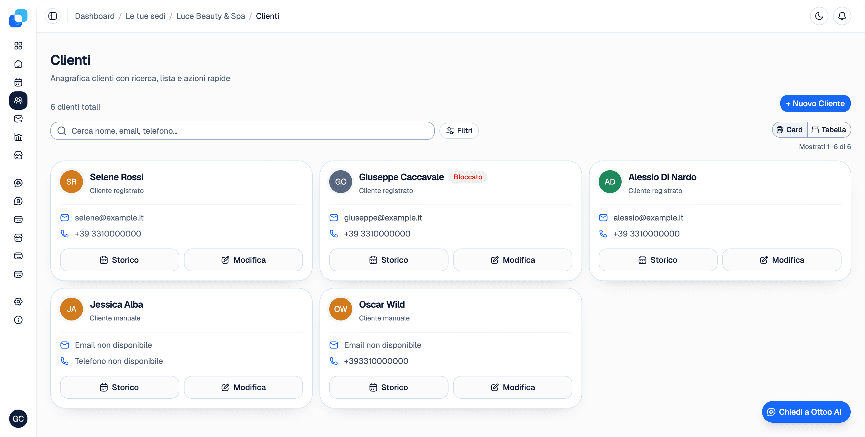 Dashboard Ottoo — gestione clienti con anagrafica, storico appuntamenti e ricerca