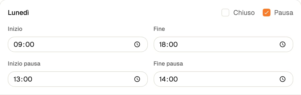 Orari del lunedì dalle 09:00 alle 18:00 con pausa dalle 13:00 alle 14:00.
