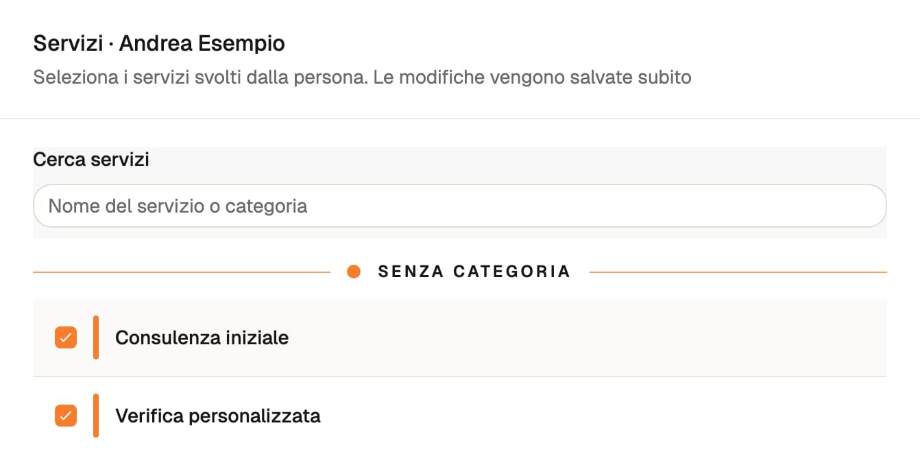 Consulenza iniziale e Verifica personalizzata selezionate nei servizi di Andrea Esempio.