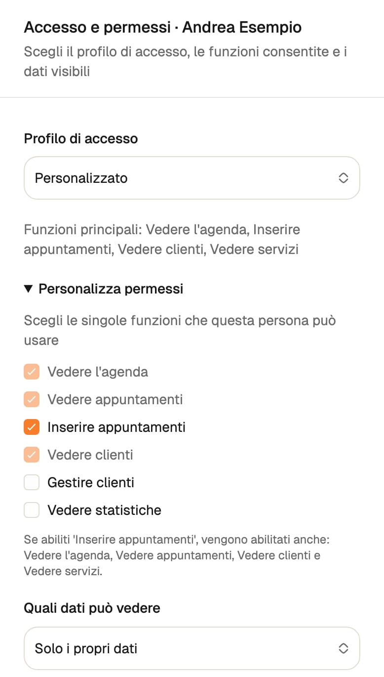 Accesso personalizzato di Andrea Esempio, singoli permessi e visibilità Solo i propri dati.