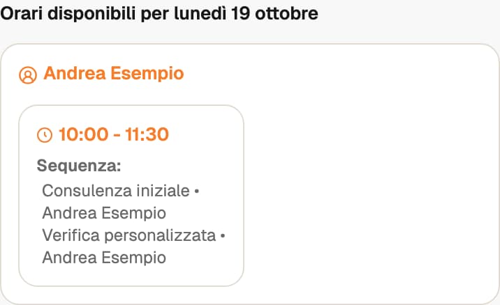Fascia dalle 10:00 alle 11:30 con Consulenza iniziale e Verifica personalizzata assegnate ad Andrea Esempio.