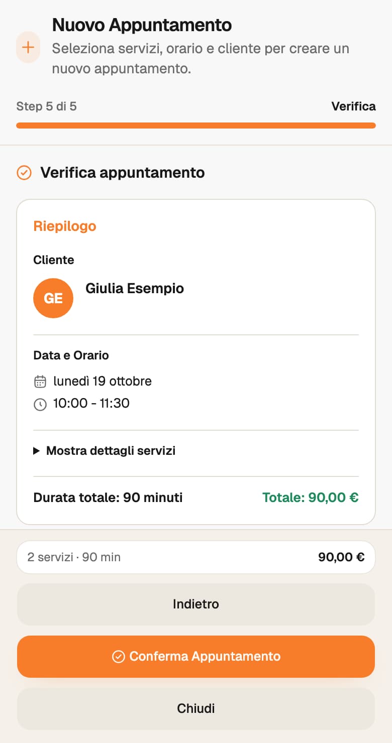 Visita demo di Giulia Esempio il 19 ottobre, con due servizi dalle 10:00 alle 11:30 e comando Conferma Appuntamento.