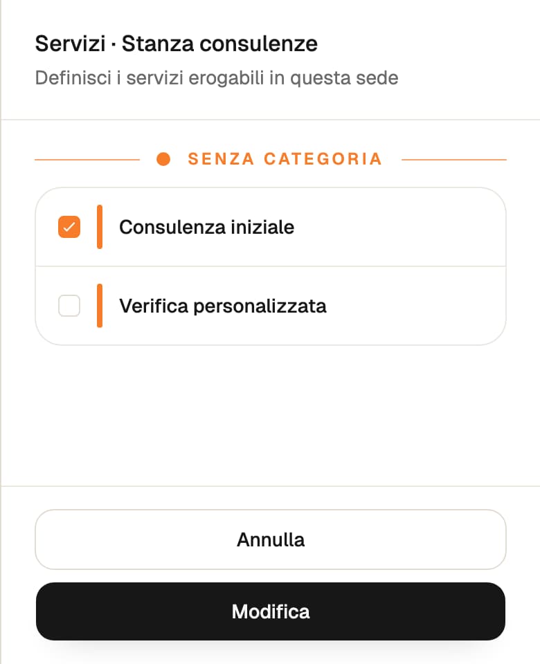 Servizi di Stanza consulenze: Consulenza iniziale selezionata, Verifica personalizzata non selezionata e pulsante Modifica.