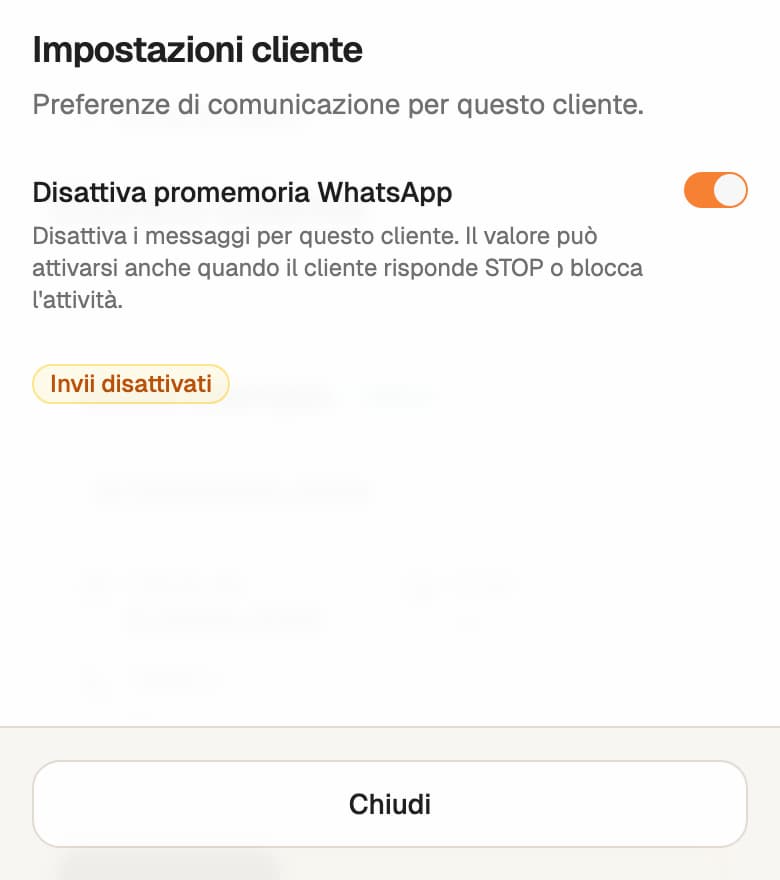 Impostazioni cliente con Disattiva promemoria WhatsApp acceso e stato Invii disattivati.
