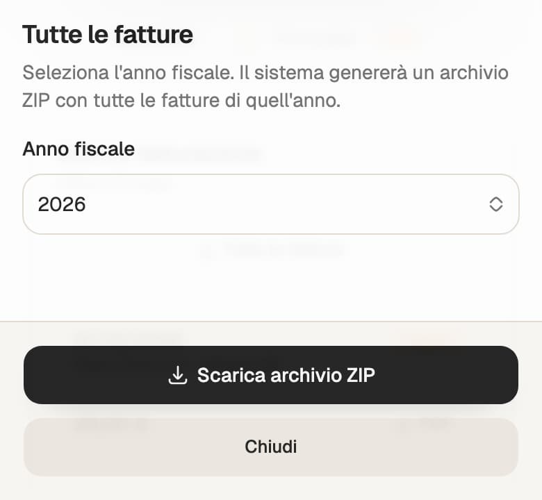 Pannello Tutte le fatture con Anno fiscale 2026 e pulsante Scarica archivio ZIP.