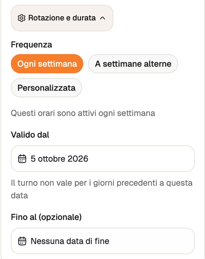 Rotazione e durata con Ogni settimana selezionato, Valido dal 5 ottobre 2026 e nessuna data di fine.